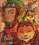 annoyed anthro blue_eyes clothing eyewear fangs gloves goggles green_hair group hair handwear male selfie smile smiling_at_viewer stripes teeth assassyart insomniac_games jak_and_daxter naughty_dog ratchet_and_clank sony_corporation sony_interactive_entertainment daxter jak_(jak_and_daxter) ratchet_(ratchet_and_clank) humanoid lombax mammal mustelid ottsel crossover hi_res