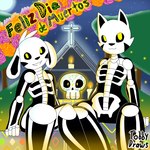 anthro black_body bone duo holidays male male/male night skeleton wide_hips yellow_eyes tobydraws4 day_of_the_dead felix_(tobydraws4) tobby_(tobydraws4) canid canine canis domestic_cat domestic_dog felid feline felis mammal 1:1 hi_res