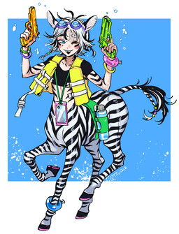 animal_ears black_body bottle clothed clothed_taur clothing container crop_top hair holding_object holding_toy holding_toy_gun holding_water_gun hooves light_body light_skin markings shirt short_hair simple_background solo striped_body striped_markings striped_tail stripes tail tail_markings topwear toy toy_gun unguligrade water_bottle water_gun white_body tsulala equid equid_taur equine equine_taur humanoid_taur mammal mammal_taur taur zebra zebra_taur 2026 full-length_portrait portrait