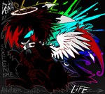 abstract_background ambiguous_gender blue_sclera collar contrast feral lyrics rainbow_colors red_eyes smile smirk solo sparklefur text wings dethtwink fakemon nintendo pokemon generation_1_pokemon pikachu pokemon_(species) english_text low_res