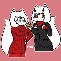 anthro biped black_bottomwear black_clothing black_nose black_shirt black_topwear bottomwear breasts clothed clothing cosplay female fully_clothed fur green_eyes hair heart_eyes heart_symbol heterochromia horn looking_at_viewer markings medium_breasts mole_(marking) monotone_body monotone_fur monotone_hair pants pink_background red_bottomwear red_clothing red_eyes red_topwear shirt simple_background solo standing sweater topwear white_body white_fur white_hair scourgesolace_(artist) helltaker ivy_(scourgesolace) modeus_(helltaker) arctic_fox canid canine fox mammal true_fox 1:1 absurd_res hi_res multiple_images