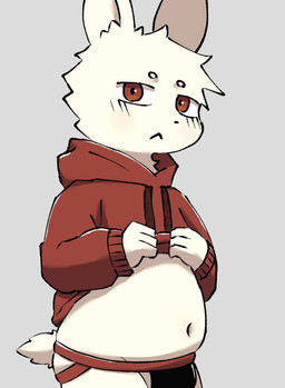 4_fingers anthro bulge circle_eyebrows clothed clothing clothing_lift eyebrows fingers fur grey_background hoodie jockstrap male mouth_closed navel neutral_expression rabbit_ears red_eyes scut_tail short_tail simple_background slightly_chubby solo tail topwear underwear white_body white_fur cross_0315 lagomorph leporid mammal rabbit hi_res