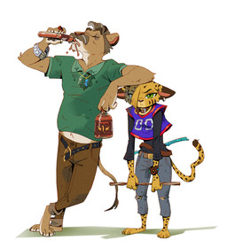 alcohol annoyed anthro arnis barefoot belt beverage bottomwear bracelet brown_body brown_fur brown_hair clock clothing collar collared_shirt denim denim_bottomwear denim_clothing duo ear_piercing ear_ring eyes_closed facial_hair feet female fur green_eyes hair head_tuft holding_beverage holding_object holding_weapon jeans jersey jewelry long_sleeves long_tail male mustache necklace open_belt pants piercing polo_shirt ring_piercing shirt short_hair size_difference spiked_bracelet spikes stain tail topwear torn_bottomwear torn_clothing torn_jeans torn_pants tuft watch weapon wristwatch ruffu pepper_in_the_sandbox alamsa_(ruffu) unnamed_character felid feline lion mammal pantherine