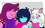 anthro cape clothing eye_contact eyelashes eyeshadow eyewear fur glasses hidden_eyes holding_shoulder looking_at_another makeup scarf smile smiling_at_viewer white_body white_fur yellow_sclera pixiecatsupreme deltarune undertale_(series) kris_(deltarune) ralsei susie_(deltarune) boss_monster_(undertale) bovid caprine goat human mammal 16:10 hi_res widescreen
