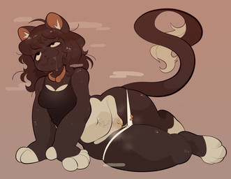 :3 anthro barefoot belly black_clothing black_nose black_shirt black_tank_top black_topwear bodily_fluids breasts brown_background brown_ears brown_hair brown_tail clothed clothed_anthro clothed_female clothing collar dipstick_tail drooling feet female female_anthro fingerless_(marking) fur genitals hair hand_on_ground heat_(temperature) humanoid_genitalia humanoid_vulva in_heat inner_ear_fluff leg_markings looking_up lying markings monotone_hair multicolored_body multicolored_fur navel on_side orange_collar orange_inner_ear panties panties_down partially_clothed pubes saliva shirt simple_background socks_(marking) solo tail tail_markings tail_tuft tan_belly tan_body tan_crotch tan_fur tan_inner_ear_fluff tan_sclera tan_tail tan_tail_tip tan_toes tan_vulva tank_top topwear tuft two_tone_body two_tone_fur two_tone_tail underwear underwear_down vulva wavy_hair white_clothing white_panties white_underwear chewtoyys lucky_(chewtoyys) domestic_cat felid feline felis mammal 2025 absurd_res digital_drawing_(artwork) digital_media_(artwork) full-length_portrait hi_res portrait nonbinary_(lore)