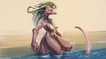 16:9 2019 anthro breasts digital_media_(artwork) dragon female green_hair hair horn long_tail mythological_creature mythological_scalie mythology nipples nude scalie solo tail water watsup wet widescreen yellow_eyes