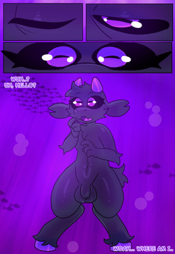 anthro balls big_balls black_body black_fur black_sclera dialogue flaccid foreskin fur genitals glistening hooves horizontal_pupils horn male male_anthro nude nude_anthro nude_male penis pupils purple_eyes purple_horn text unretracted_foreskin halfpricesouls bovid caprine mammal sheep absurd_res comic english_text hi_res
