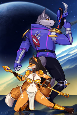 anthro black_hair black_nose blaster bottomwear breasts clothed clothed_anthro clothed_female clothed_male clothing cosplay duo female fur grey_body grey_fur hair jacket loincloth male multicolored_body multicolored_fur navel orange_body orange_fur staff topwear two_tone_body two_tone_fur white_body white_fur zhadart nintendo star_fox cynthia_saito krystal_(star_fox) michael_(collarspider) wolf_o'donnell canid canine canis fox mammal wolf hi_res