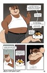 2020 absurd_res anthro anthro_on_anthro belly blush bottomwear brown_body brown_fur clothing comic dialogue duo english_text eyewear felid fur glasses hi_res humanoid_hands inside izvy_(artist) jax_tigerson male male/male mammal mr._plagait murid murine overweight overweight_male pantherine pants rat rodent shirt speech_bubble student teacher teacher_and_student text tiger topwear