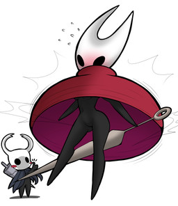 black_arms black_body black_breasts black_legs blue_clothing blush breasts butt butt_from_the_front clothed clothing duo featureless_crotch female gesture hand_gesture horn hornet's_needle red_clothing simple_background thumbs_up under_boob white_background white_head white_horn tod_d hollow_knight:_silksong hollow_knight_(franchise) team_cherry hornet_(hollow_knight) the_knight_(hollow_knight) arthropod vessel_(species) hi_res sibling_(lore)