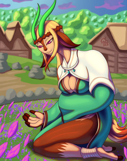 anthro blonde_hair breasts brown_body brown_fur exposed_thighs female flower fur hair headdress horn hut jewelry male necklace plant purple_eyes rock solo tan_body tan_fur sacrificabominat the_great_warrior_wall elder_lu antelope bovid gazelle mammal hi_res