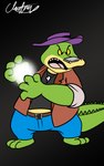 3_toes 4_fingers anthro biped bottomwear clothing feet fingers green_body hat headgear headwear pants parody shirt simple_background slightly_chubby solo toes topwear sobieniak brok_the_investigator cowcat_games dragon_ball brok_(brok_the_investigator) alligator alligatorid crocodilian reptile scalie 2021 5:8 hi_res