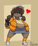 anthro big_breasts breasts clothed clothing curvy_figure female fur grey_body grey_fur hair hair_over_eyes heart_symbol solo thick_thighs plaga canid canine canis domestic_dog mammal 2023 digital_media_(artwork) hi_res