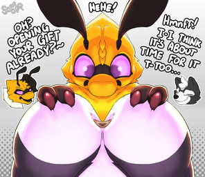 2_fingers anthro anus big_butt black_body black_fur butt claws dialogue eyes_closed female finger_claws fingers floating_head fur group huge_butt imminent_fart looking_at_butt male male/female mandibles multicolored_body multicolored_fur presenting presenting_anus presenting_hindquarters purple_eyes purple_sclera spread_butt spreading stuttering text trio white_body white_fur yellow_body yellow_fur soomir gene_(soomir) heather_(soomir) hectar_(soomir) arthropod bee hymenopteran insect mammal mephitid queen_bee skunk 2026 english_text hi_res