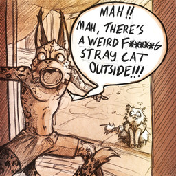 anthro clothed clothing doorway duo feral flies_for_smell front_view male open_mouth pose profanity snout speech_bubble standing text underwear underwear_only yelling danogambler there's_a_weird_cat_outside aardesh domestic_cat felid feline felis lynx mammal 1:1 2026 monochrome sketch