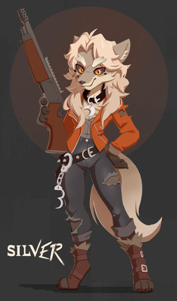 anthro anthrofied belt biped black_body black_fur blonde_hair bottomwear brown_body brown_fur clothing cuff_(restraint) digitigrade female footwear fur furgonomic_footwear furgonomics gun hair handcuffs holding_gun holding_object holding_ranged_weapon holding_rifle holding_weapon jacket long_hair looking_at_viewer metal_cuffs multicolored_body multicolored_fur orange_clothing orange_eyes orange_jacket orange_topwear pants paws ranged_weapon restraints rifle solo tan_body tan_fur topwear torn_bottomwear torn_clothing torn_jacket torn_pants weapon miakameron deadlock_(game) valve lilah_silver canid canine canis mammal wolf 2026 absurd_res digital_media_(artwork) hi_res