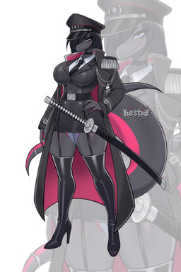 accessory anthro big_breasts black_choker black_clothing black_footwear black_hair black_hat black_headwear black_jacket black_jewelry black_necklace black_shoes black_topwear blue_eyes boots breasts choker clothed clothing eyelashes female fingers footwear garter_straps grey_body hair hair_over_eye hand_on_hip hat headgear headwear high_heeled_boots high_heels jacket jewelry katana legwear long_hair looking_at_viewer melee_weapon necklace necktie open_clothing open_topwear shoes smile snout solo sword tail thick_tail thick_thighs thigh_boots thigh_highs topwear uniform weapon hestid nintendo pokemon generation_7_pokemon pokemon_(species) salazzle absurd_res colored digital_drawing_(artwork) digital_media_(artwork) full-length_portrait hi_res portrait shaded