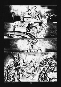 2_horns 4_panel_comic 5_fingers ambiguous_gender anthro biped black_eyes black_hair black_nose black_text clothed clothing exclamation_point eyes_closed eyewear fingers glasses group hair holding_melee_weapon holding_object holding_weapon horn looking_at_another male melee_weapon motion_lines mummy_wrappings open_mouth page_number sharp_teeth snake_hood sound_effects standing tail teeth text weapon white_sclera white_text leprzil cobra domestic_cat felid feline felis mammal mummy murid murine oriental_shorthair rat reptile rodent scalie snake undead 2025 artist_name comic english_text hi_res monochrome