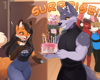 5_fingers anthro birthday_cake black_hair black_nose bottomwear breasts cake clothed clothed_anthro clothed_female clothed_male clothing collar dessert duo_focus fangs female fingers food fur grey_body grey_fur grin group hair humanoid_hands male male/female multicolored_body multicolored_fur navel open_mouth open_smile orange_body orange_fur pants shirt smile tail tank_top teeth tongue topwear two_tone_body two_tone_fur white_body white_fur zhadart cynthia_saito michael_(collarspider) canid canine canis domestic_dog fox mammal wolf 5:4