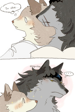 anthro black_body black_fur black_nose blush blush_lines brown_body brown_fur brown_nose clothed clothing duo eye_contact fur grey_body grey_fur kemono looking_at_another male male/male no_pupils pointy_ears simple_background tan_body tan_fur text thought_bubble pegu2726 theo_(pegu2726) victus_(pegu2726) canid canine canis mammal wolf 2026 absurd_res comic english_text hi_res