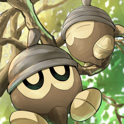 ambiguous_gender black_sclera branch brown_body day duo eyes_closed featureless_feet feet grey_body multicolored_body not_furry on_branch outside plant tan_body tan_eyes tree spicyichizo nintendo pokemon elemental_creature flora_fauna generation_3_pokemon pokemon_(species) seedot waddling_head 1:1 2026 absurd_res hi_res shaded