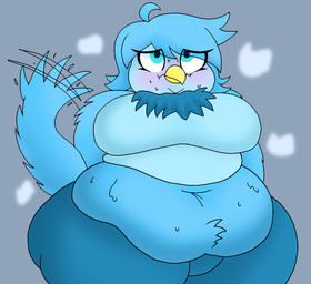 anthro beak belly big_belly big_breasts big_butt blue_body blue_eyes blue_feathers blush bodily_fluids bottomwear breasts butt chest_tuft clothing deep_navel fanning fanning_self feathers female ill-fitting_clothing morbidly_obese navel non-mammal_breasts non-mammal_navel obese overweight overweight_anthro overweight_female pants shirt solo sweat thick_thighs topwear tuft wide_hips yellow_beak cookie-pone undertale_(series) undertale_yellow martlet_(undertale_yellow) avian bird hi_res