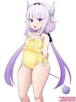 biped blue_eyes bow_swimsuit bow_swimwear clothed clothing female hair looking_at_viewer one-piece_swimsuit purple_hair simple_background solo standing swimwear tail text thick_thighs white_background wide_hips yellow_clothing yellow_swimwear young young_female lalox miss_kobayashi's_dragon_maid mythology kanna_kamui animal_humanoid dragon dragon_humanoid humanoid mythological_creature mythological_scalie scalie absurd_res digital_media_(artwork) hi_res url