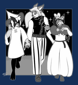 anthro big_hat clothing cosplay dress group hand_holding male male/male melee_weapon rapier star sword trio weapon thibbycat in_stars_and_time nintendo pokemon ani_d'esprimenti_(ghostlupe) cardanise_(ghostlupe) cole_kennecott isabeau_(in_stars_and_time) mirabelle_(in_stars_and_time) siffrin_(in_stars_and_time) arcanine eurasian_lynx felid feline generation_1_pokemon generation_9_pokemon lynx mammal meowscarada pokemon_(species) alpha_channel greyscale hi_res monochrome nonbinary_(lore)