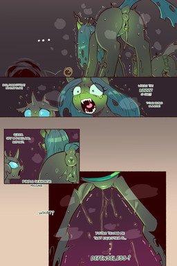 anus black_body blue_eyes bodily_fluids butt dialogue eyelashes female feral genital_fluids genitals green_hair group hair larger_female open_mouth pupils quadruped rear_view simple_background size_difference tail text thick_thighs vaginal_fluids vulva cold-blooded-twilight friendship_is_magic hasbro my_little_pony queen_chrysalis_(mlp) changeling hi_res