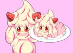 ambiguous_gender dairy_products duo food food_hair fruit holding_plate looking_at_another looking_at_viewer not_furry nude pink_background plant presenting pseudo_hair red_eyes semi-anthro simple_background strawberry whipped_cream drunk_oak nintendo pokemon alcremie generation_8_pokemon humanoid pokemon_(species) strawberry_sweet_alcremie vanilla_cream_alcremie 2021 digital_media_(artwork)