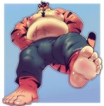 5_toes anthro belly bottomwear bulge clothed clothing feet foot_focus looking_at_viewer looking_down looking_down_at_viewer low-angle_view male moobs overweight overweight_male raised_foot shorts slightly_chubby slightly_chubby_male solo toes topless cursedmarked butch_(cursedmarked) felid mammal pantherine tiger hi_res