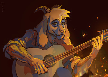 acoustic_guitar anthro campfire clothing fire fur guitar hair horn long_ears looking_at_viewer male musical_instrument playing_guitar playing_music plucked_string_instrument simple_background smile solo sparks string_instrument white_body white_fur junorsky undertale undertale_(series) asriel_dreemurr boss_monster_(undertale) bovid caprine goat mammal