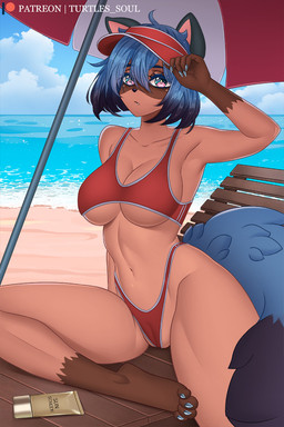 anthro big_breasts breasts camel_toe clothing cute_fangs fangs female looking_at_viewer solo teeth text under_boob turtlessoul brand_new_animal studio_trigger michiru_kagemori canid canine mammal raccoon_dog tanuki 2:3 hi_res url