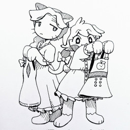 ambiguous_gender anthro bow_ribbon clothing dress duo frilly frilly_clothing frilly_dress star_eyes 90percentdenny 90_percent_studios drawtober purrfect_apawcalypse mittens_wichien olive_higgins canid canine canis domestic_cat domestic_dog felid feline felis mammal 1:1 2022 hi_res