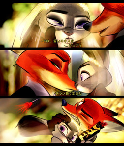 anthro anthro_on_anthro brown_body brown_fur clothed clothing dart dialogue duo female fur green_eyes interspecies long_ears male male/female multicolored_body multicolored_fur narrowed_eyes orange_body orange_fur predator/prey purple_eyes tan_body tan_fur teeth text tranquilizer wedding_veil nibkman0304 disney zootopia judy_hopps nick_wilde canid canine european_rabbit fox lagomorph leporid mammal oryctolagus rabbit red_fox true_fox comic hi_res japanese_text translation_request