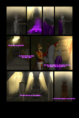 altar animal_genitalia anthro backsack balls black_hair black_nose breasts brown_body brown_fur clothed clothing column dialogue female feral fur genitals glowing green_eyes grey_body grey_fur group hair long_hair male melee_weapon nipples nude plant purple_eyes sculpture sheath solo statue sword temple text vines weapon ipoke ishara canid canine canis felid feline mammal wolf 2:3 comic english_text hi_res