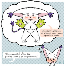 accessory anthro aroused aroused_face aroused_smile big_breasts blush bodily_fluids breasts claws clothing dialogue eyelashes fantasizing fantasy female fur gloves handwear heart_symbol looking_at_viewer open_mouth short_stack smile solo sweat tail text thick_thighs thought_bubble white_body white_fur mr_harinezumi bandai_namco digimon bianc_(el_senor_erizo) digimon_(species) felid feline gatomon mammal 1:1 hi_res spanish_text