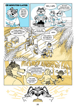 anthro beach chair clothed clothing dialogue eyes_closed female furniture male open_clothing open_shirt open_topwear plant sand shirt sparkles stairs text topwear tree saran_kit coal_(saran_kit) nest_(saran_kit) oak_(saran_kit) canid canine canis mammal wolf comic english_text hi_res brother_(lore) sibling_(lore) sister_(lore)