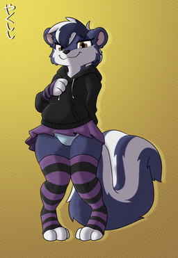 anthro big_tail bottomwear clothing eyeshadow femboy gloves half-closed_eyes handwear hoodie legwear looking_at_viewer makeup male narrowed_eyes panties pattern_clothing pattern_gloves pattern_handwear pattern_legwear pattern_stockings skirt solo stockings striped_clothing striped_gloves striped_handwear striped_legwear striped_stockings stripes tail topwear underwear conditional_dnp yakukitsu yaku_(yakukitsu) domestic_cat felid feline felis hybrid mammal mephitid skunk