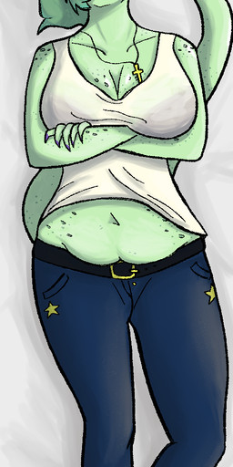 annoyed anthro belly big_breasts bird's-eye_view blush bottomwear breasts clothing cross crossed_arms denim denim_bottomwear denim_clothing embarrassed eyelashes female fingers footwear freckled_arms freckled_belly freckled_breasts freckled_face freckled_shoulders freckled_tail freckles front_view frown green_body green_hair grey_eyes hair high-angle_view humanoid_hands jeans jewelry long_eyelashes looking_aside medium_hair navel necklace non-mammal_breasts non-mammal_navel pants pose purple_hairband shirt shoes slightly_chubby slightly_chubby_anthro slightly_chubby_female slippers solo tail tank_top topwear white_clothing white_shirt white_tank_top white_topwear yellow_sclera filiobtd cavemanon_studios i_wani_hug_that_gator olivia_halford spurdo baryonyx dinosaur prehistoric_species reptile saurischian scalie spinosaurid theropod colored full-length_portrait hi_res portrait shaded