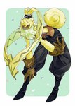anthro bent_over bottomwear clothing curled_tail fluffy fluffy_chest fur gloves handwear long_ears male orange_eyes pants ponytail_ears shirtless small_waist solo tail yellow_body yellow_fur lanllan bandai_namco digimon digimon_ghost_game digimon_(species) lagomorph leporid mammal rabbit symbareangoramon hi_res