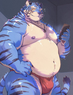 anthro asian_clothing belly biceps big_belly big_bulge blue_body blue_fur bulge chest_tuft clothed clothing countershading deep_navel east_asian_clothing electronics fundoshi fundoshi_only fur japanese_clothing jewelry looking_at_viewer male musclegut muscular muscular_male navel necklace overweight overweight_anthro overweight_male phone solo striped_body striped_fur stripes topless tuft underwear underwear_only toraya_inugami felid mammal pantherine tiger hi_res