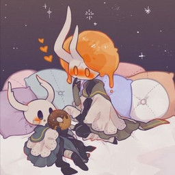 ambiguous_gender bandage bandage_on_face biped black_body black_eyes blue_clothing bodily_fluids candy chocolate chocolate_doughnut cloak clothing dessert doughnut duo food glowing glowing_eyes green_clothing heart_symbol horn orange_eyes pastry pillow star chacodoodle hollow_knight_(franchise) team_cherry broken_vessel_(hollow_knight) the_knight_(hollow_knight) arthropod infected_(species) vessel_(species) 1:1 low_res sibling_(lore)