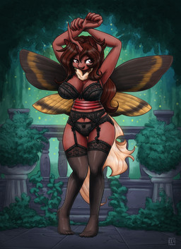 anthro arms_above_head big_breasts black_clothing black_underwear bra breasts clothing female frilly frilly_clothing garter_belt garter_straps lace lace_bra lace_panties lace_stockings legwear lingerie neck_tuft ribbons solo stockings tuft underwear wings king-kakapo friendship_is_magic hasbro my_little_pony fan_character flechette arthropod changeling_(mlp) insect lepidopteran moth mothling_(species) absurd_res hi_res