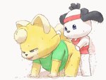 anal anthro black_ears blue_eyes bodily_fluids clothing duo fur green_clothing male male/male narrowed_eyes peeing red_clothing sweat white_body white_fur yellow_body yellow_fur young apluss sanrio pochacco canid canine canis domestic_dog mammal 4:3