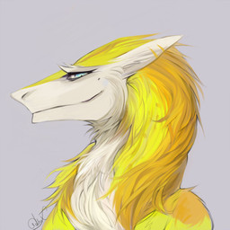 ambiguous_gender anthro blue_eyes fur grey_background looking_at_viewer markings mole_(marking) multicolored_body multicolored_fur side_view simple_background smile solo tan_body tan_fur two_tone_body two_tone_fur white_ears yellow_body yellow_fur akrolayn sergal 1:1 2015 bust_portrait digital_media_(artwork) digital_painting_(artwork) painting_(artwork) portrait