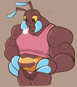 abdominal_bulge antennae_(anatomy) anthro belly blush blush_lines bodily_fluids bottomwear clothed clothing exoskeleton female hand_on_hip looking_down looking_down_at_self mandibles muscular muscular_female shirt sigh simple_background solo standing sweat sweatdrop tank_top text topwear yellow_eyes carameltsi rivals_of_aether la_reina_(rivals_of_aether) ant arthropod honeypot_ant hymenopteran insect colored hi_res