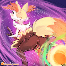 anthro black_body black_fur blush broom broom_riding butt cheek_tuft cleaning_tool dipstick_tail facial_tuft female fur genitals humanoid_genitalia humanoid_vulva inner_ear_fluff magic markings masturbation multicolored_body multicolored_fur multicolored_tail red_eyes solo straddling tail tail_markings tuft vaginal vaginal_masturbation vulva white_body white_fur yellow_body yellow_fur lumineko nintendo pokemon braixen canid canine generation_6_pokemon mammal pokemon_(species) 1:1