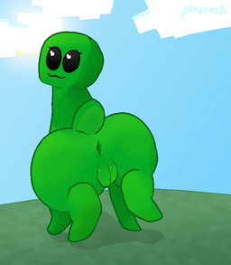 :3 anus big_butt black_eyes blue_sky butt cloud eyelashes female feral genitals green_body hiked_leg looking_at_viewer looking_back outside presenting presenting_hindquarters quadruped raised_leg rear_view sky solo sun tail vulva pincoosh microsoft minecraft mojang xbox_game_studios creeper_(minecraft) digital_media_(artwork) hi_res signature