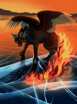 4_toes ambiguous_gender arm_tuft black_body black_feathers black_fur black_tail brown_body brown_feathers cheek_tuft chest_tuft claws detailed_background elbow_tuft facial_tuft feathered_wings feathers feet feral fire flaming_tail fur grey_body grey_fur hooves horn inner_ear_fluff lake looking_at_viewer mountain multicolored_body multicolored_feathers multicolored_fur outside red_sclera reflection side_view solo spread_wings standing sunset tail toe_claws toes tuft two_tone_body two_tone_fur water white_body white_feathers wings yellow_eyes akitamonster mythology ghast_(littleworldscollide) dragon feathered_dragon feathered_scalie furred_dragon furred_scalie mythological_creature mythological_scalie scalie hi_res